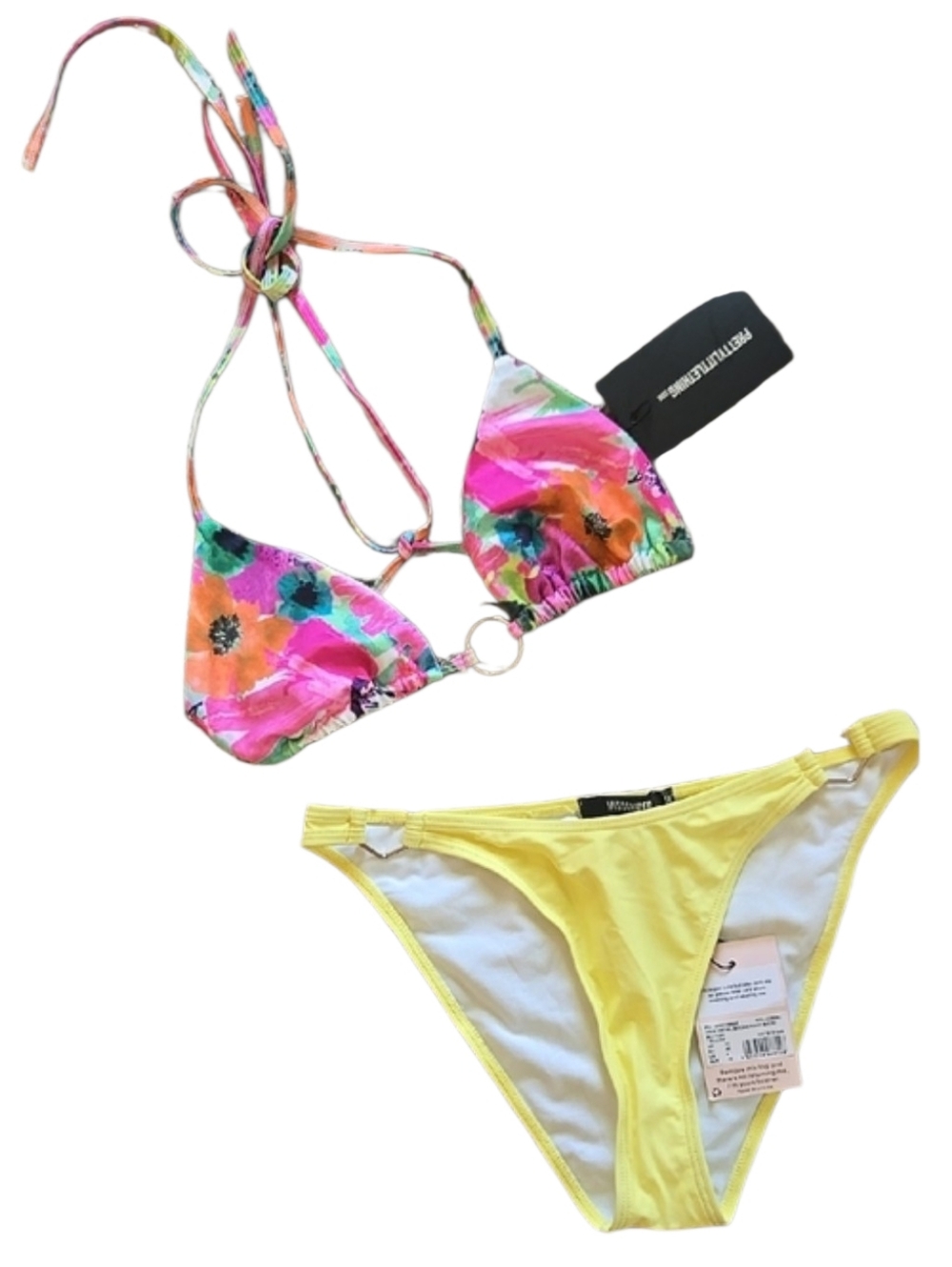 PrettyLittleThing Pink Floral Bikini Top with Yellow Missguided Bottom